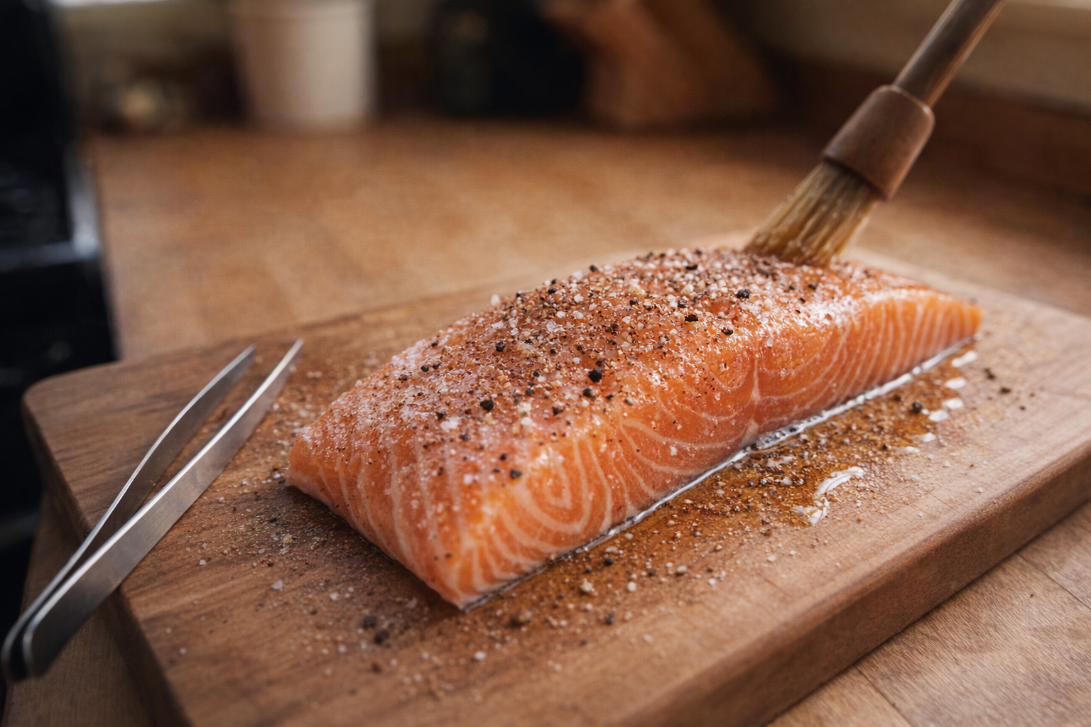 Close-up of a raw salmon fillet on a cutting board, brushed with olive oil and sprinkled with salt and pepper, next to a pair of kitchen tweezers